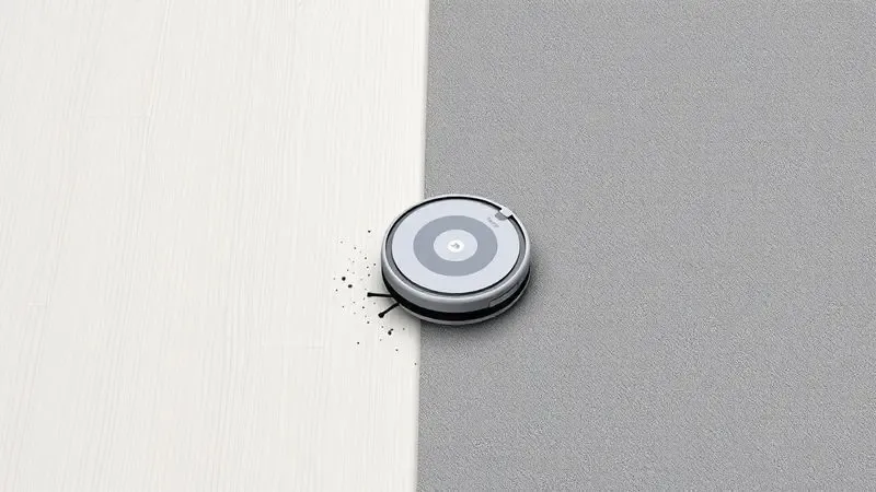 Robô aspirador limpando diferentes superfícies entre piso de madeira e tapete em uma cena conceitual.
