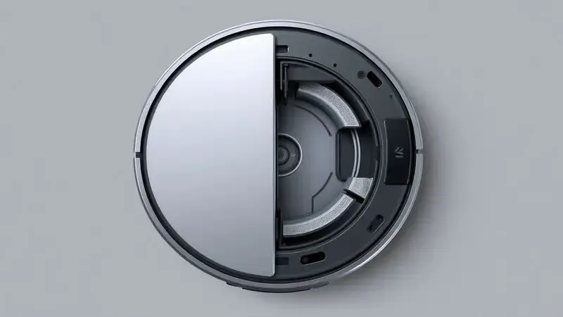 Ilustração técnica do design e reservatórios internos de um robô aspirador moderno.